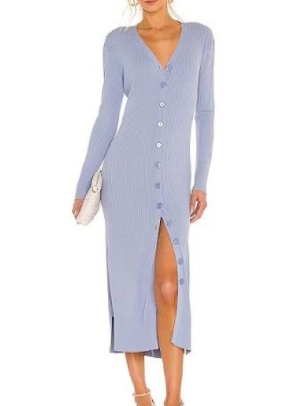 Revolve Line and Dot Light Blue Ribbed Button-Front Women's Dress